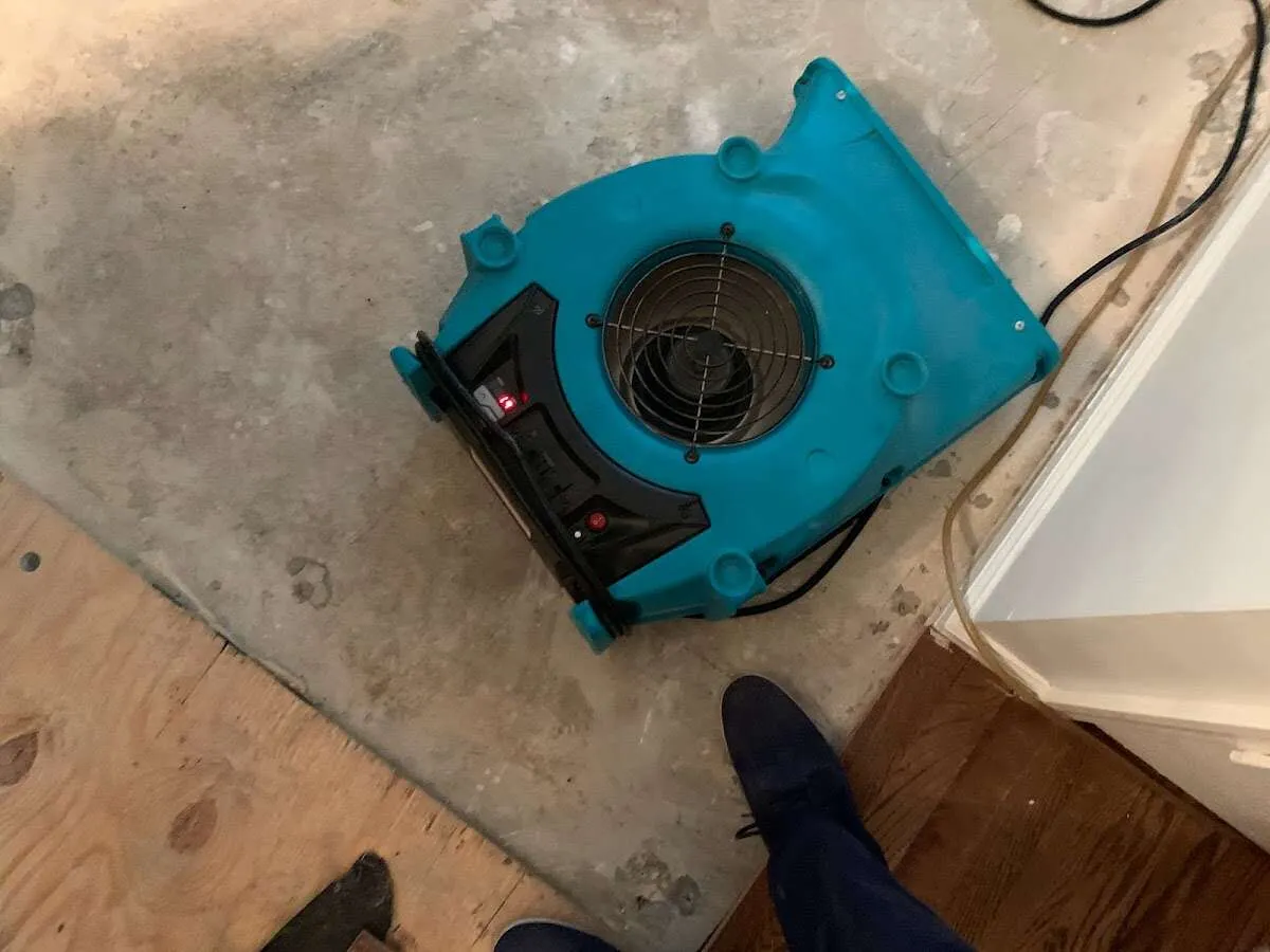 Air mover drying subfloor during Leak Detection & Repair in Clinton